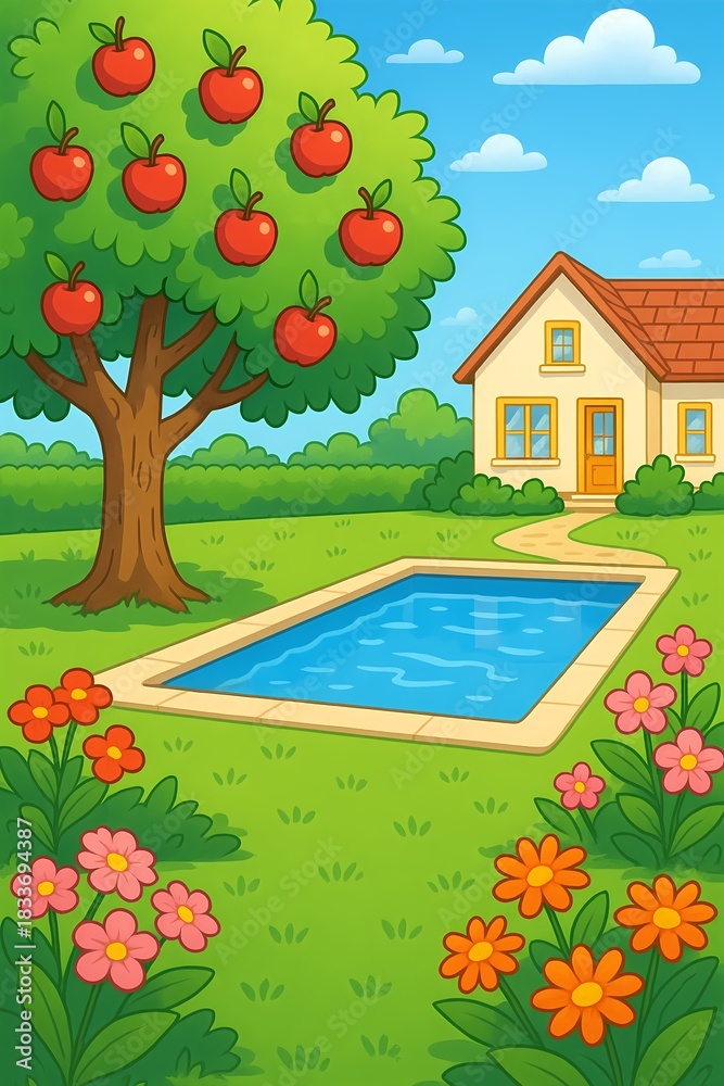 Naklejka premium Dream house in the country with pool and apple tree on a sunny day