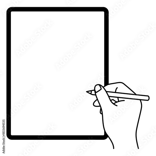縦向きのタブレットとタッチペンを持つ手