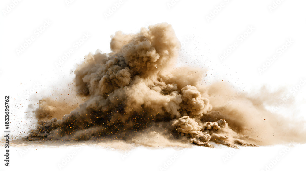 Obraz premium Brown dust and sand smoke cloud on white background soil particles sandstorm effect rising smog and fog overlay texture for design and compositing Stock Illustration white background 