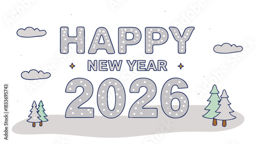 Elegant serif typography? Happy New Year 2026? carved from solid ice with internal blue-white light refraction, frosty breath particles, subtle caust hyper-realistic frozen  dark winter night backdrop