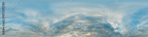 Sunset sky with bright glowing pink Cumulus clouds. Seamless spherical HDR 360 panorama. Full zenith or sky dome in 3D, sky replacement for aerial drone panoramas. Climate and weather change.