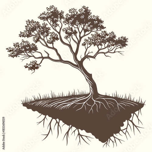 Stylized silhouette of a mature tree with intricate roots exposed above ground on a small island of earth