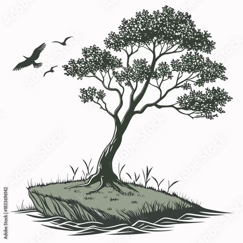 Stylized silhouette of a solitary tree on a grassy island with birds flying overhead