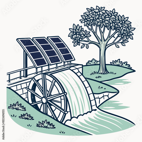Sustainable energy concept with a water wheel and solar panels next to a tree