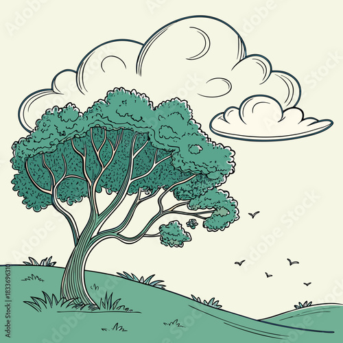 Stylized illustration of a lone green tree with fluffy clouds and birds flying in a pale sky