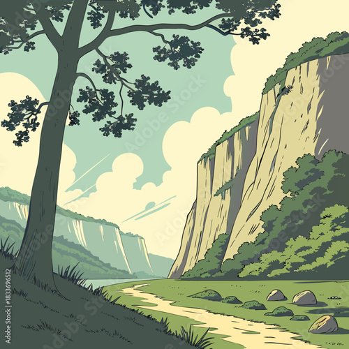 Serene landscape with a winding path leading towards majestic cliffs and a calm river under a cloudy sky