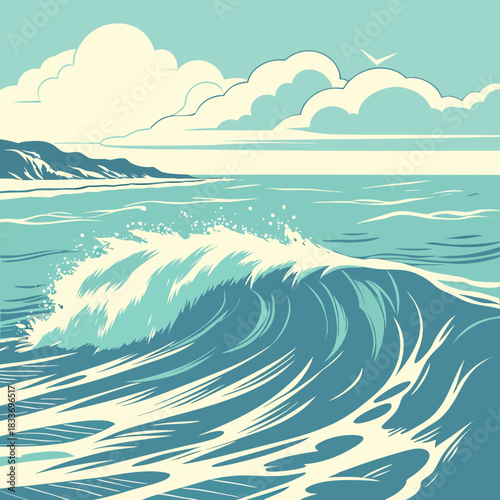 Stylized illustration of a powerful ocean wave breaking near a distant coastline under a cloudy sky