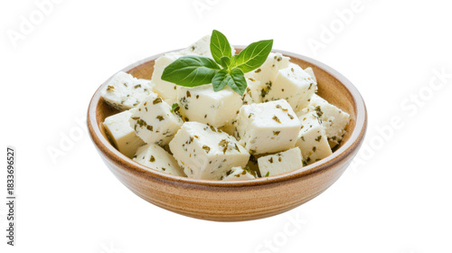 A bowl of white cheese with green leaves