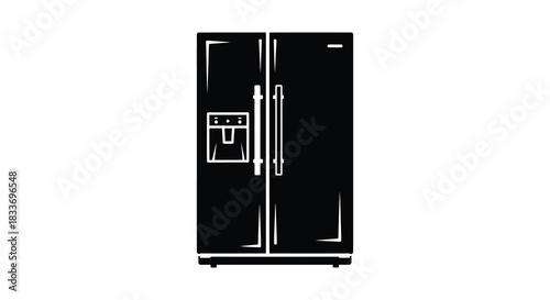 A stark depiction of a modern stainless steel side by side refrigerator in black silhouette