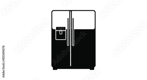 A minimalist black and white depiction of a modern refrigerator in a flat style silhouette