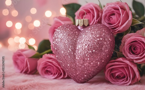 Sparkly Pink Heart Ornament Surrounded by Pink Roses and Bokeh Lights valentine valentines day