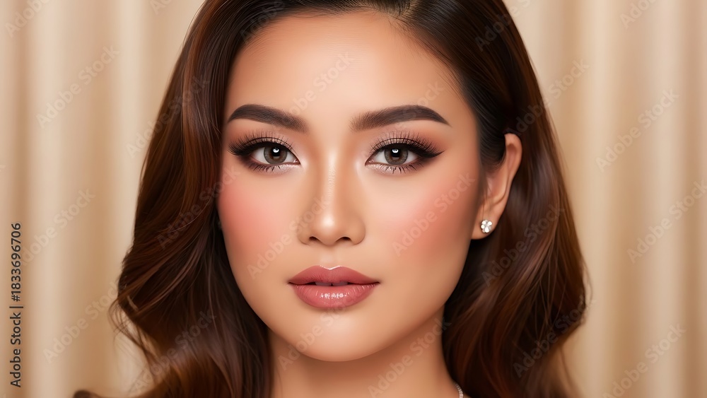Fototapeta premium Stunning close-up studio portrait of a confident woman with flawless makeup, dark wavy hair, and a sophisticated pearl earring