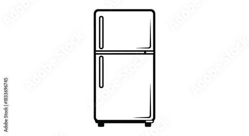 A simple black and white line drawing depiction of a modern refrigerator design silhouette