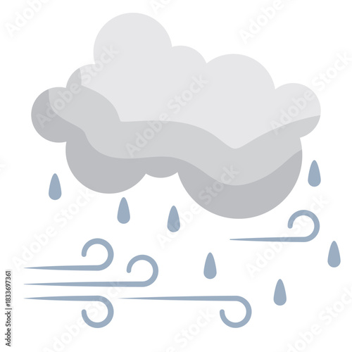 Color icon of a gray cloud with blue rain and wind, depicting a cool, wet, and windy day. Perfect for autumn/winter graphics, weather apps, or Thanksgiving travel forecasts.