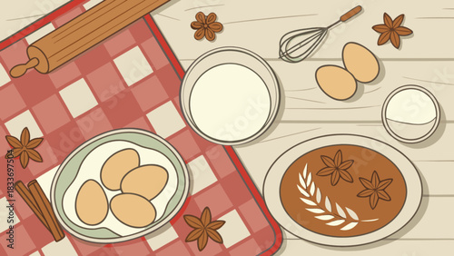 Baking ingredients flat lay illustration for culinary arts and recipe preparation concept design image stock photo