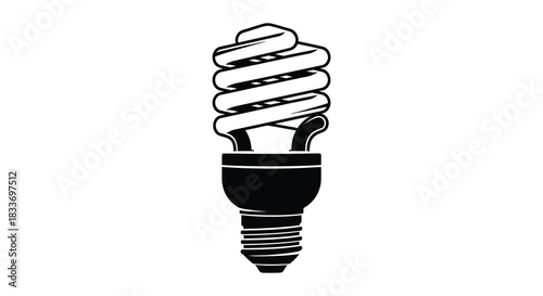 A detailed black and white depiction of a compact fluorescent lightbulb showing its spiral form silhouette