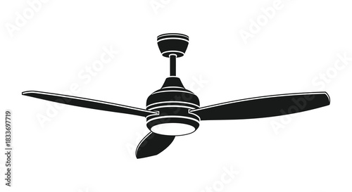 A detailed depiction of a ceiling fan with four blades presented as a striking silhouette