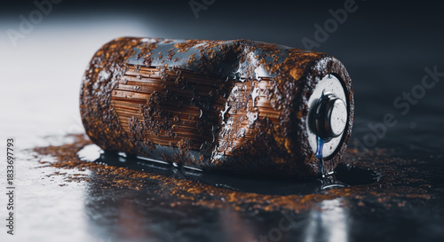 An aged, discarded battery exhibits signs of corrosion and leakage, visually representing the harmful impact of improper disposal and environmental contamination.