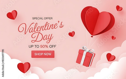 Valentine's Day Special Offer with Red Heart Balloon Gift and Pink Clouds love sale