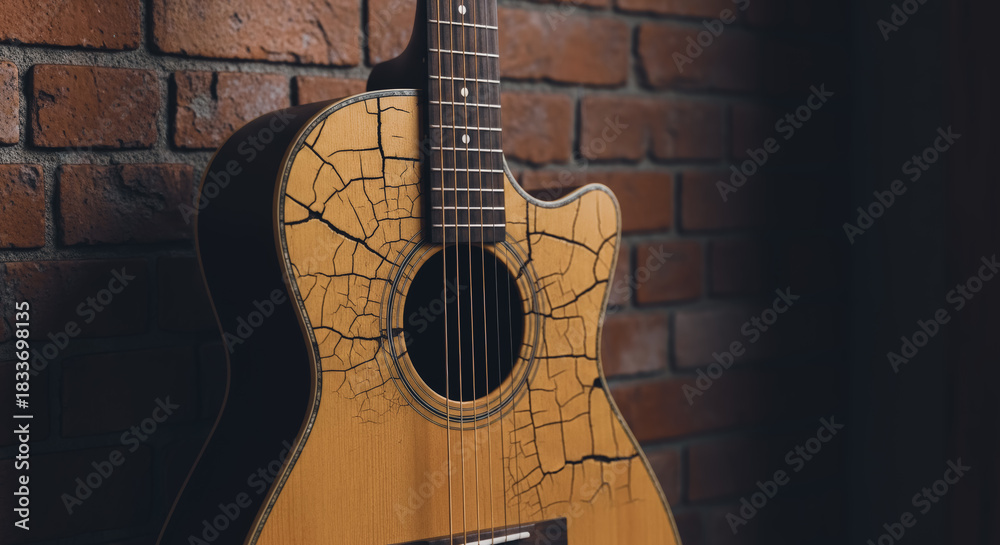 Fototapeta premium An acoustic guitar leans gracefully against a weathered brick wall, showcasing the rustic beauty of wood and the charm of a bygone era. 
