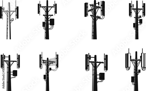 Cell tower silhouette collection, telecom mast design, wireless signal transmission infrastructure, antenna structure set, flat vector