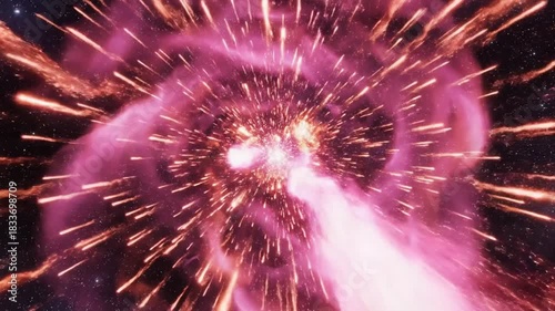 Abstract illustration of energy burst with swirling pink and orange lights against a dark starfield background