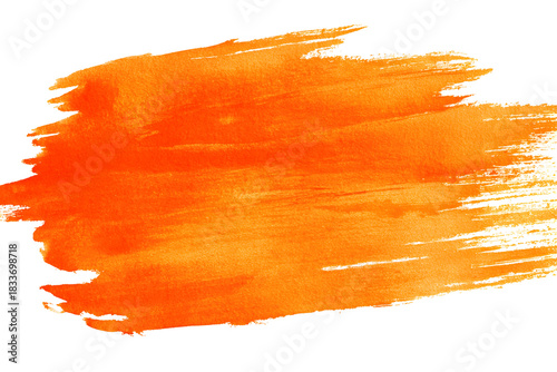Vibrant orange watercolor brush stroke texture with visible bristles and paint splatters isolated on transparent background