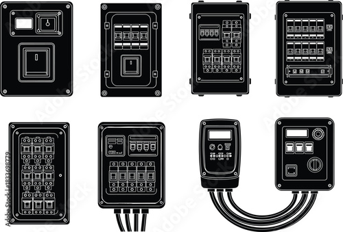 Electrical control panel silhouette set, circuit breaker box icons, power distribution cabinet, black layout, flat vector