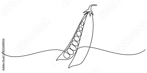 Continuous one line drawing of whole healthy organic pea for harvesting logo identity. Fresh seed pod of sativum concept vegetable icon. Single line draw design vector graphic illustration.