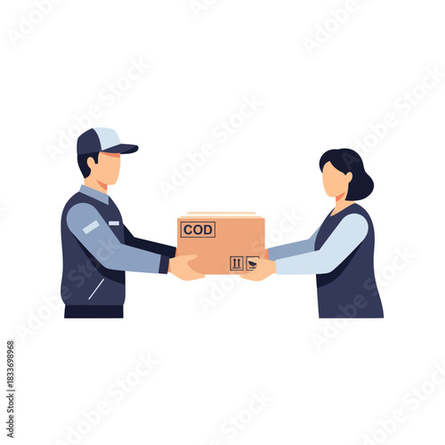 Delivery man handing package to customer for successful transaction.