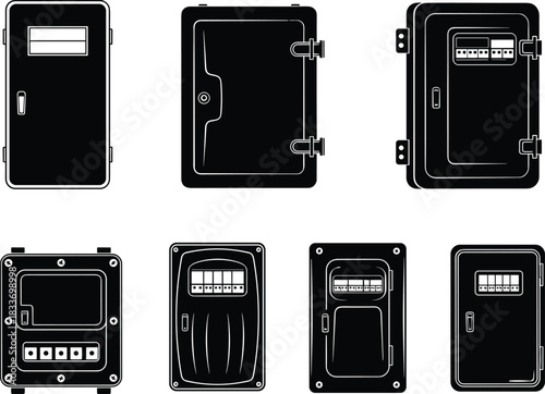 Electrical distribution box silhouette set, circuit breaker panel icons, power cabinet design, black layout, flat vector