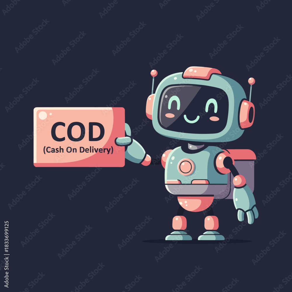 Fototapeta premium Cute Robot Holding Cash On Delivery Sign.
