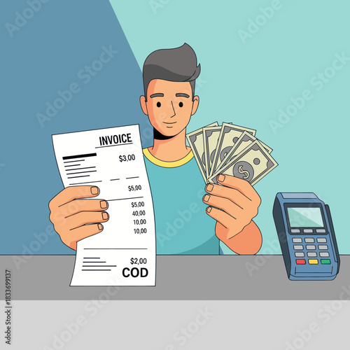 Man Holding Invoice and Cash Near Payment Terminal.