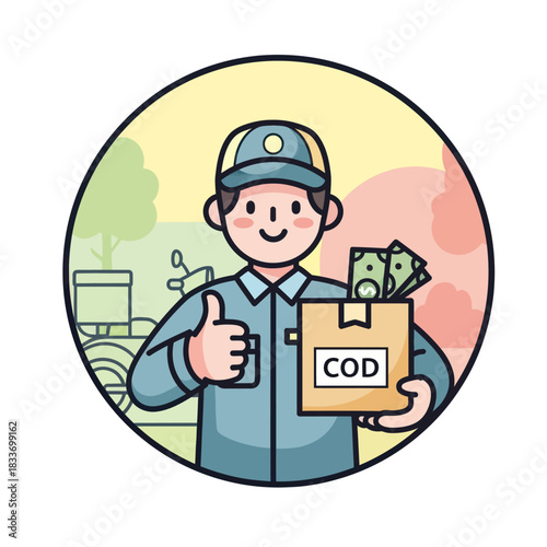Delivery man with COD package and thumbs up gesture.