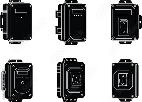 Electrical enclosure silhouettes, control box designs, wall-mounted units, industrial interface icons, switch housing, flat vector set