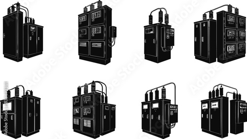 Electrical transformer silhouettes, power distribution cabinets, substation equipment, high voltage units, industrial control panels - flat vector