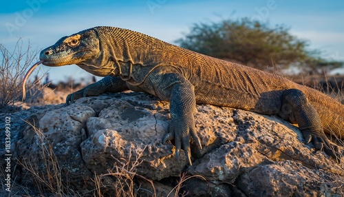 A pair of wild animals, dangerous Komodo dragons, with scaly skin in the Indonesian tropical nature