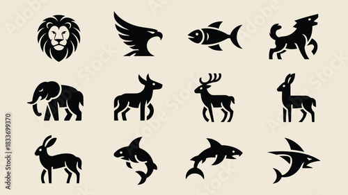 Set of animal icons simple flat vector glyphs isolated design elements for logo and branding