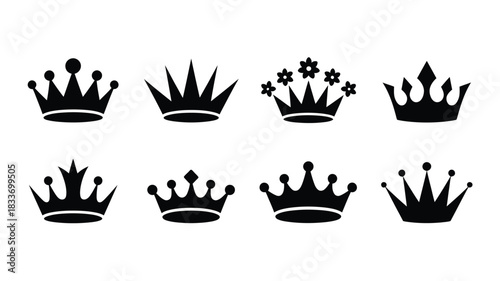 Set of crown icons elegant royal symbols in black silhouette vector illustration isolated on white background