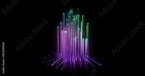 Abstract vertical glowing light streaks in vibrant purple and green hues emanate from a dark background creating a futuristic and energetic visual effect