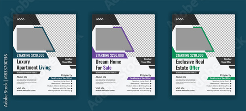 Minimal Real Estate Promotion Flyer template and Residential Real Estate Agency Flyer design 3 color vector