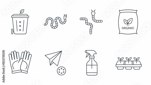 Illustration of gardening tools and supplies including worms, gloves, and organic fertilizer bag icons