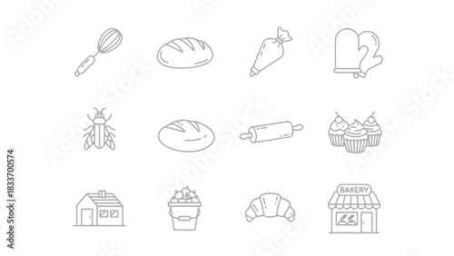 A collection of bakery and cooking related line art icons including food items and kitchen utensils