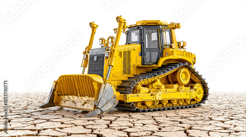 A yellow bulldozer on a cracked dirt surface