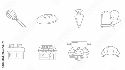 Illustration showcasing bakery related items including a whisk, bread, pastry bag, and oven mitts icons