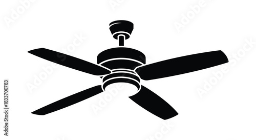 A striking black and white illustration of a classic five bladed ceiling fan silhouette