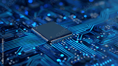 Circuit board components on a technology blue background. Horizontal web banner with empty place for text. AI chip on a futuristic chipset motherboard. Tech bg. Abstract digital vector illustration. 