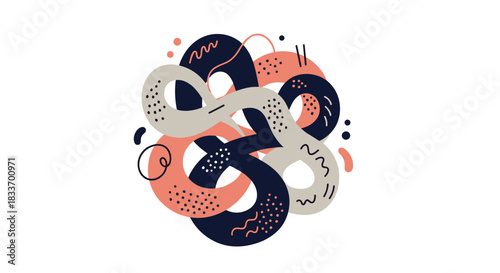 Dynamic abstract composition of interconnected loops and organic shapes in a soft, muted color scheme with various textures and geometric patterns.