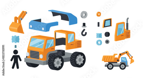 An illustration showing the disassembled and assembled parts of a toy construction vehicle, representing building, creativity, and engineering concepts.