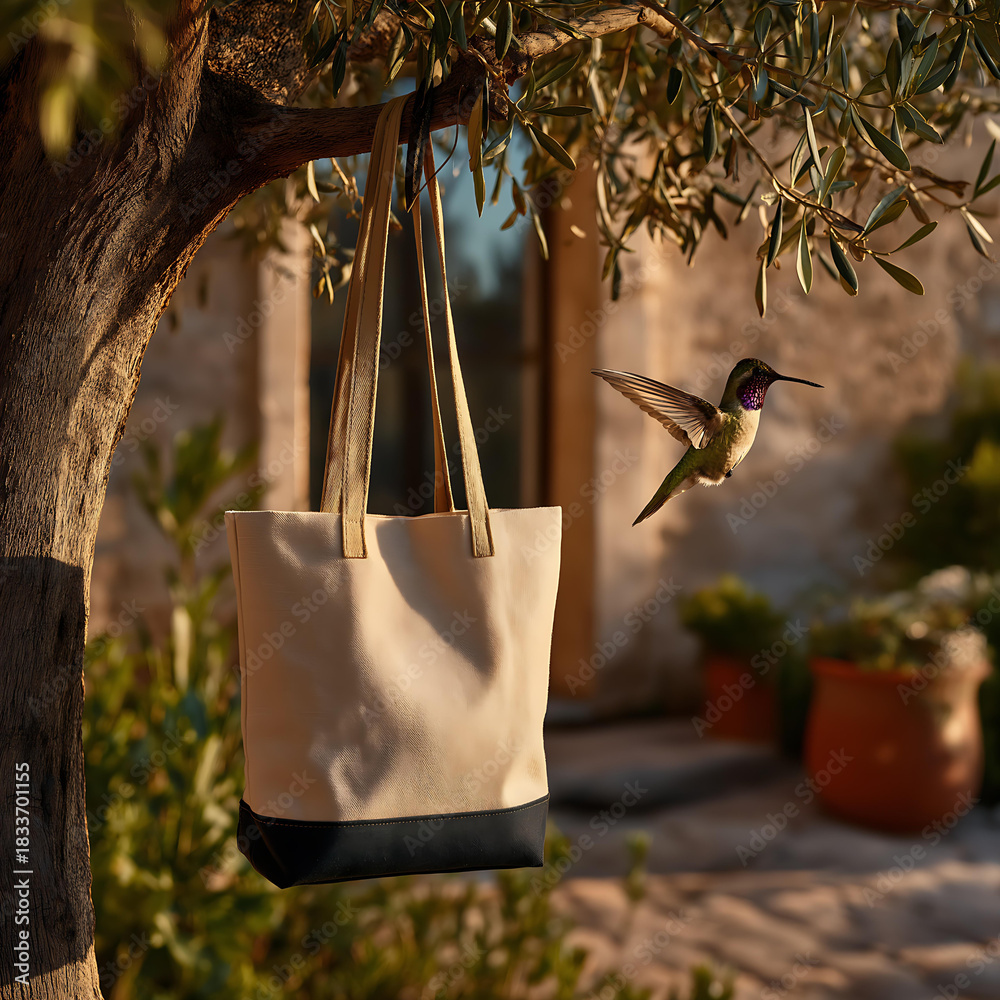 Obraz premium Tote Bag with Hummingbird in Tranquil Natural Garden: Artisan Craftsmanship for Sustainable Living and Outdoor Decor